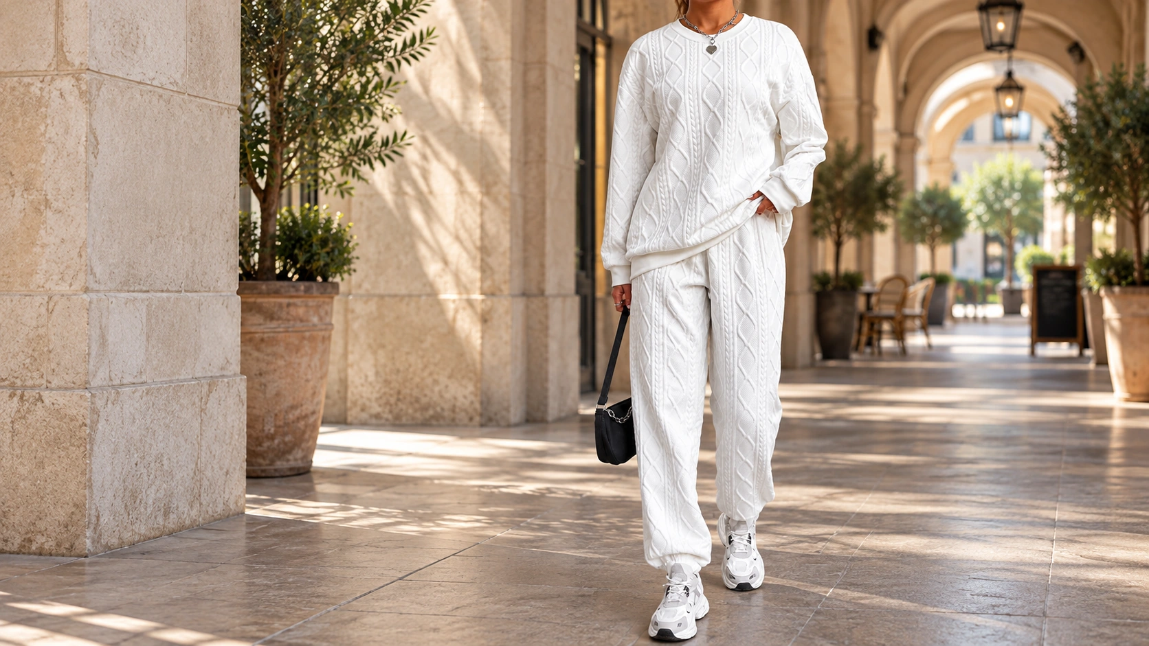 White textured matching top and trousers in a cropped front fit view