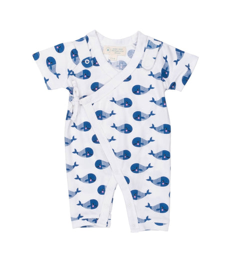 Smart Short Sleeve Kimono Romper + Bib - Blue Whale