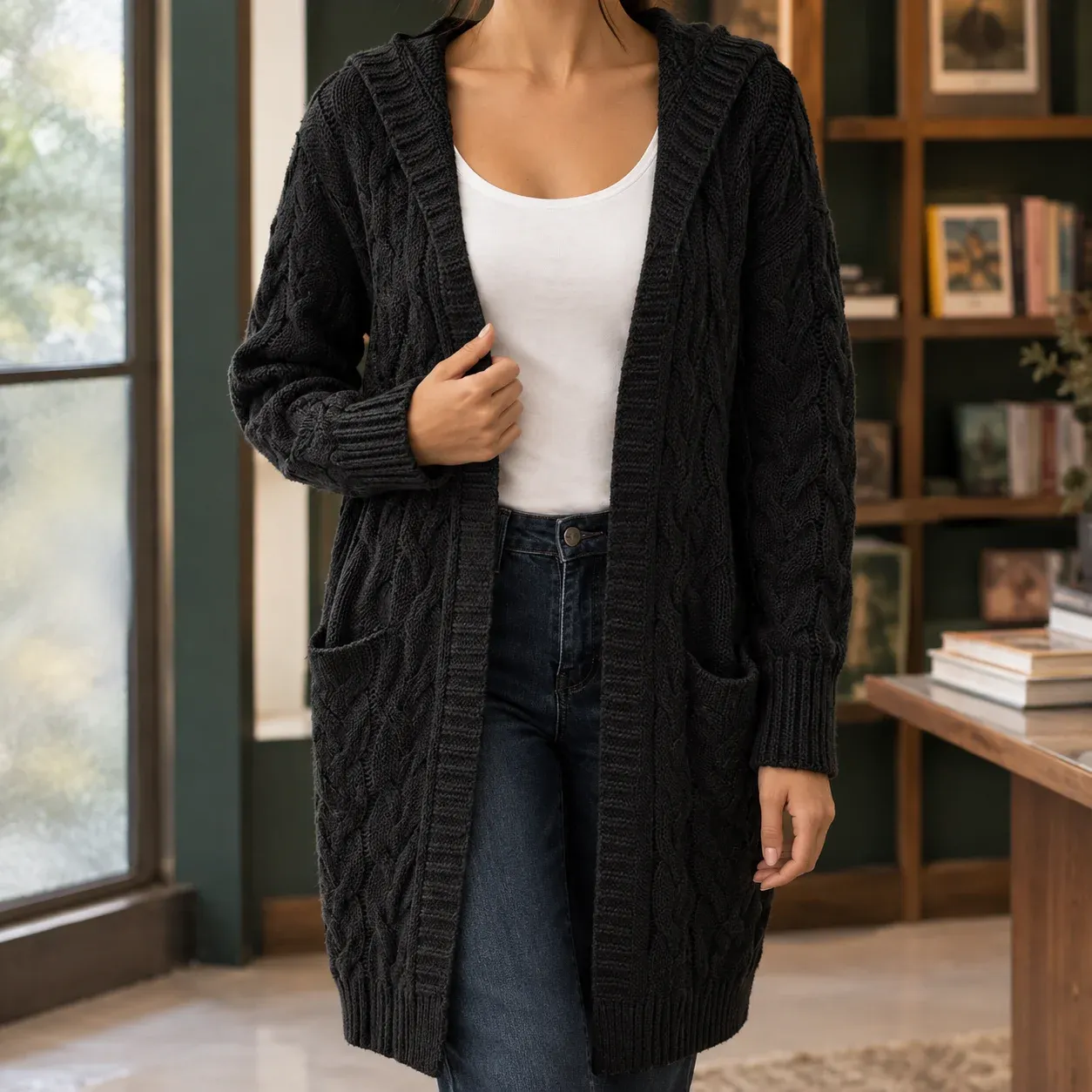 Giselle Cable Cardigan — Black worn view