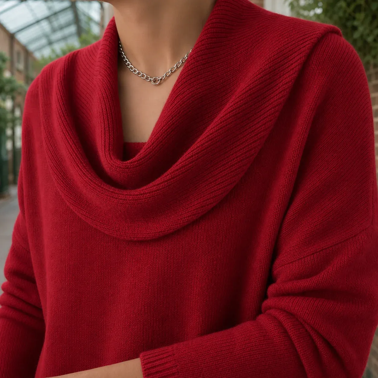 Alec Cowl Sweater — Red construction detail