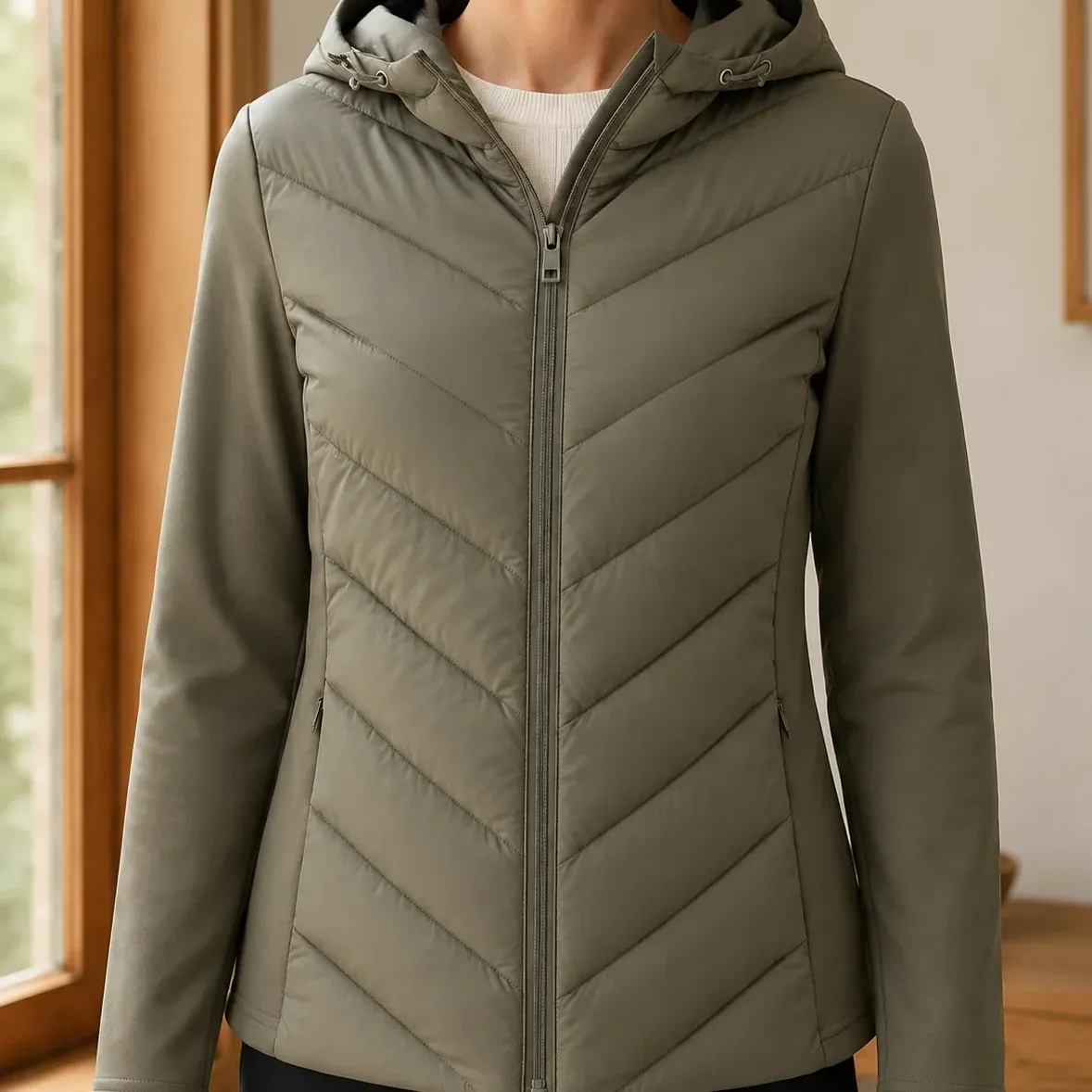 Edith Chevron Jacket — Army Green cropped fit view