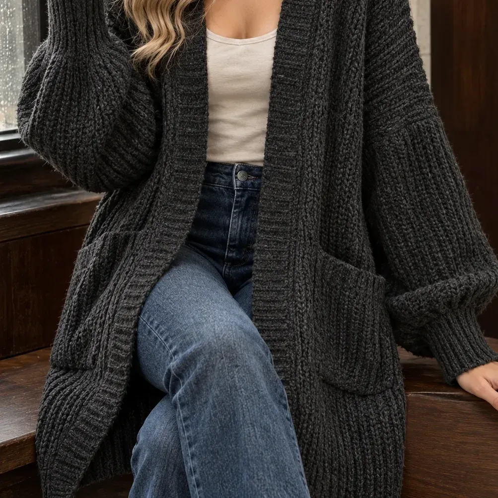 Constance Chunky Cardigan — Black lower garment detail