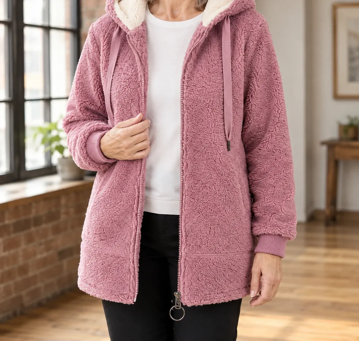 Calla Plush Hoodie — Pink worn view