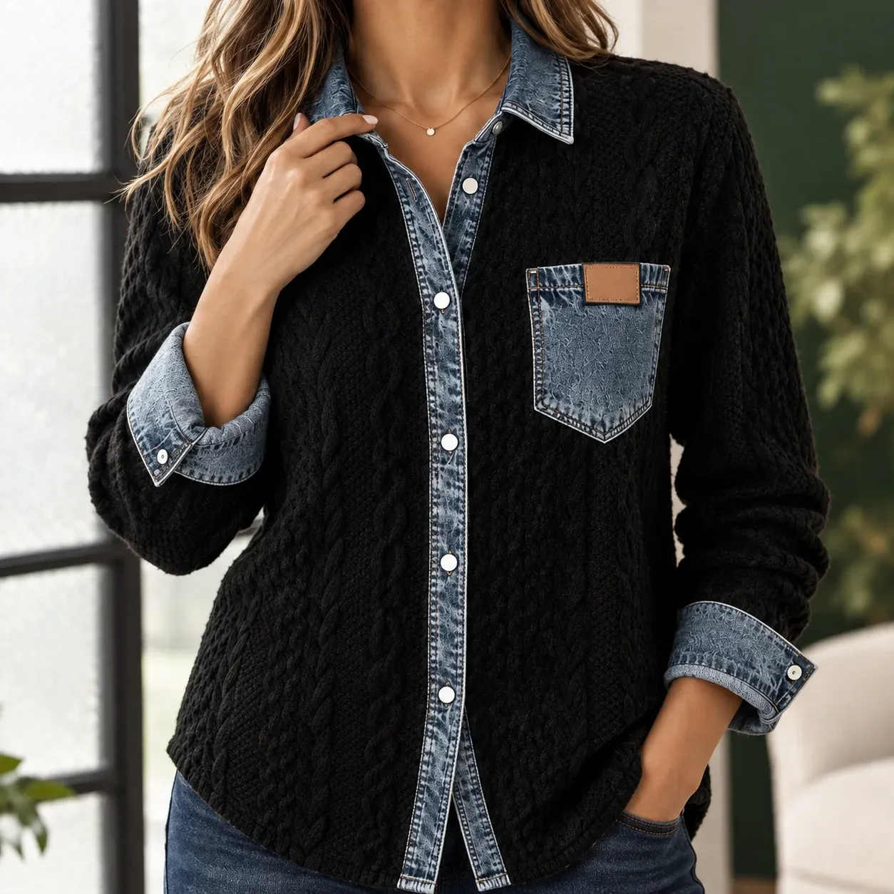 Adrienne Cable Overshirt — Black construction detail