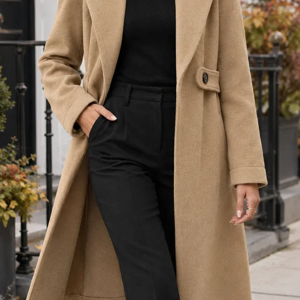 Brigitta Longline Coat — Camel lower garment detail