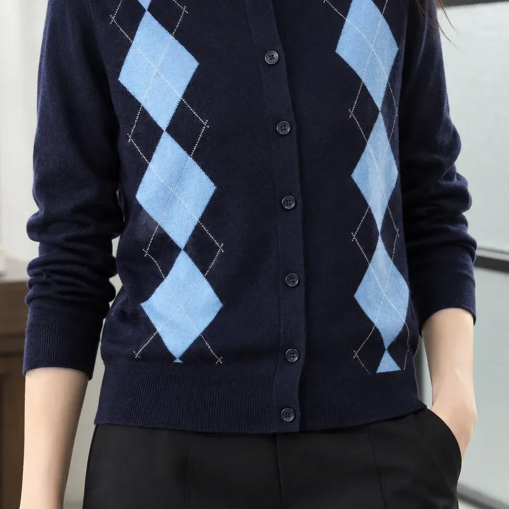 Madeleine Argyle Cardigan — Navy Blue garment view