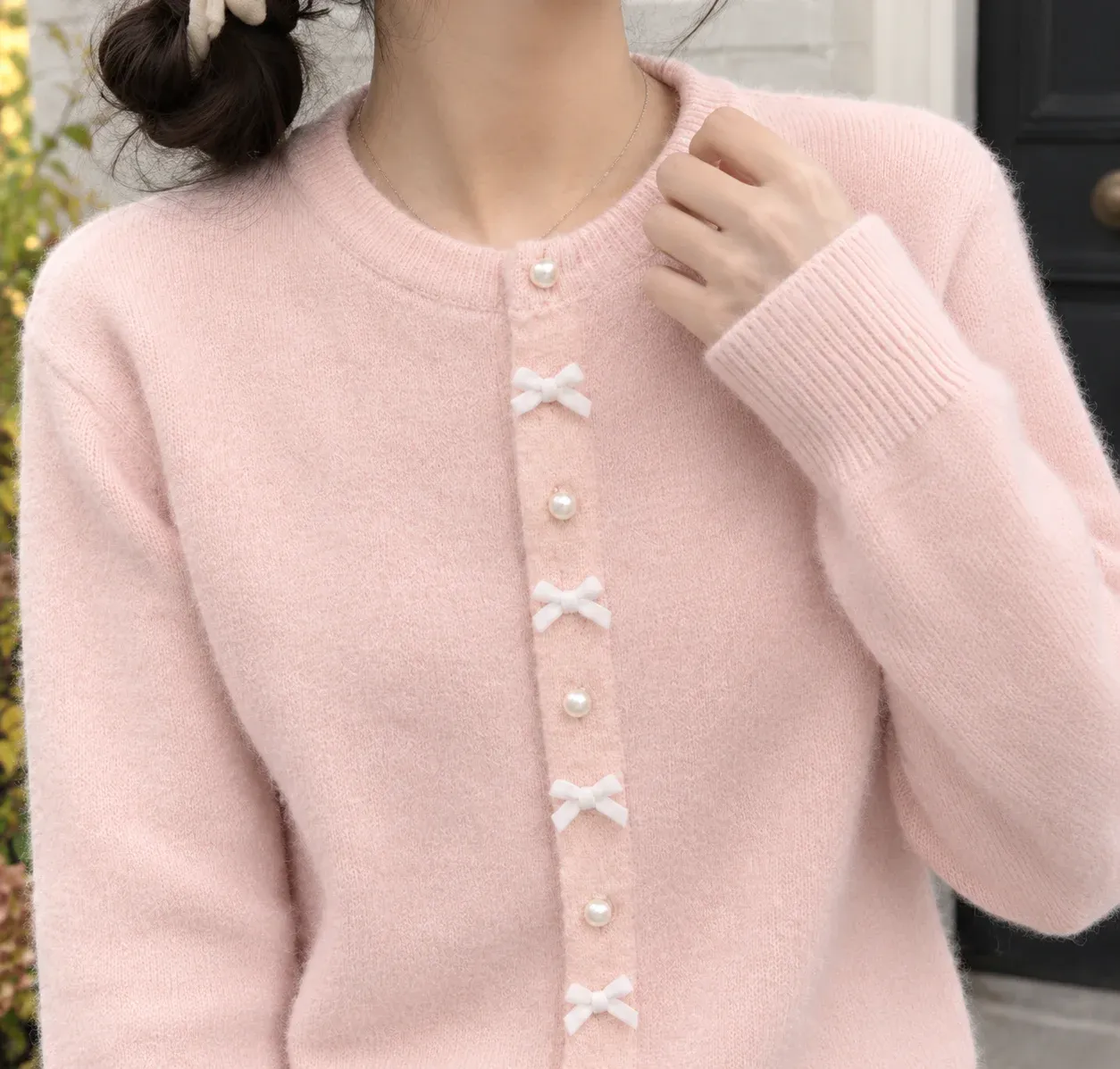 Eleanora Bow Cardigan — Pink construction detail