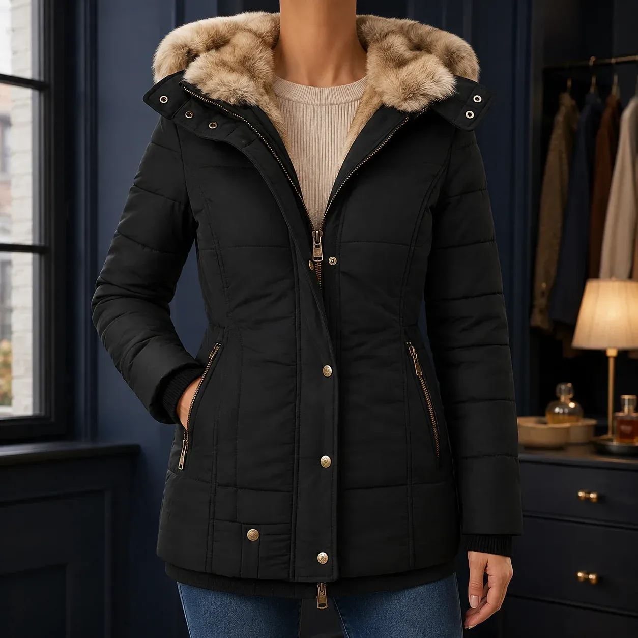 Renata Hooded Puffer — Black worn view