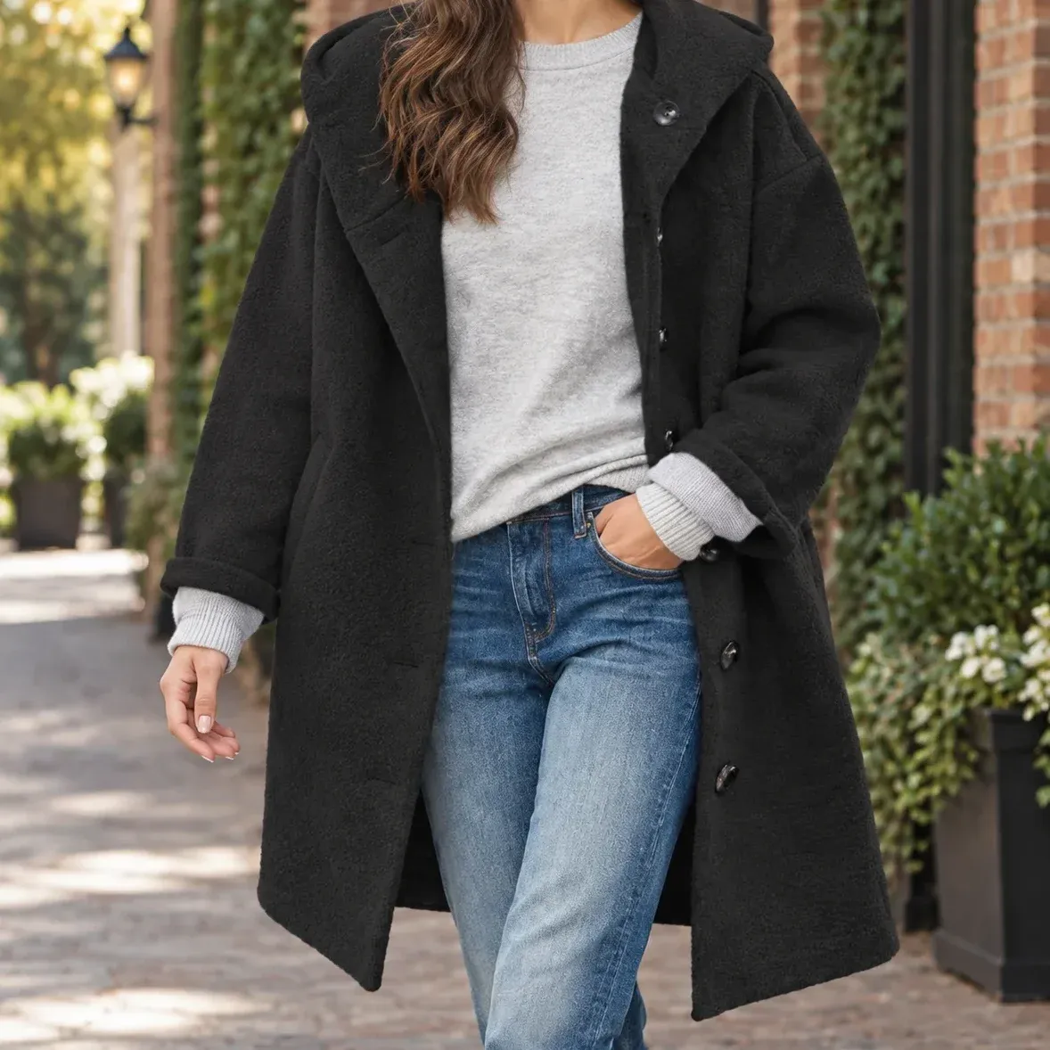 Anouska Button Coat — Black cropped fit view