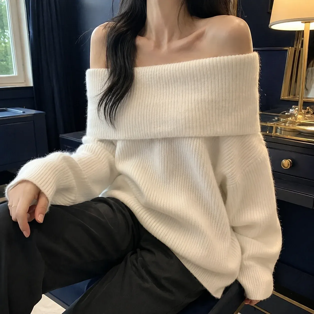 Aubrey Bardot Sweater — White worn view