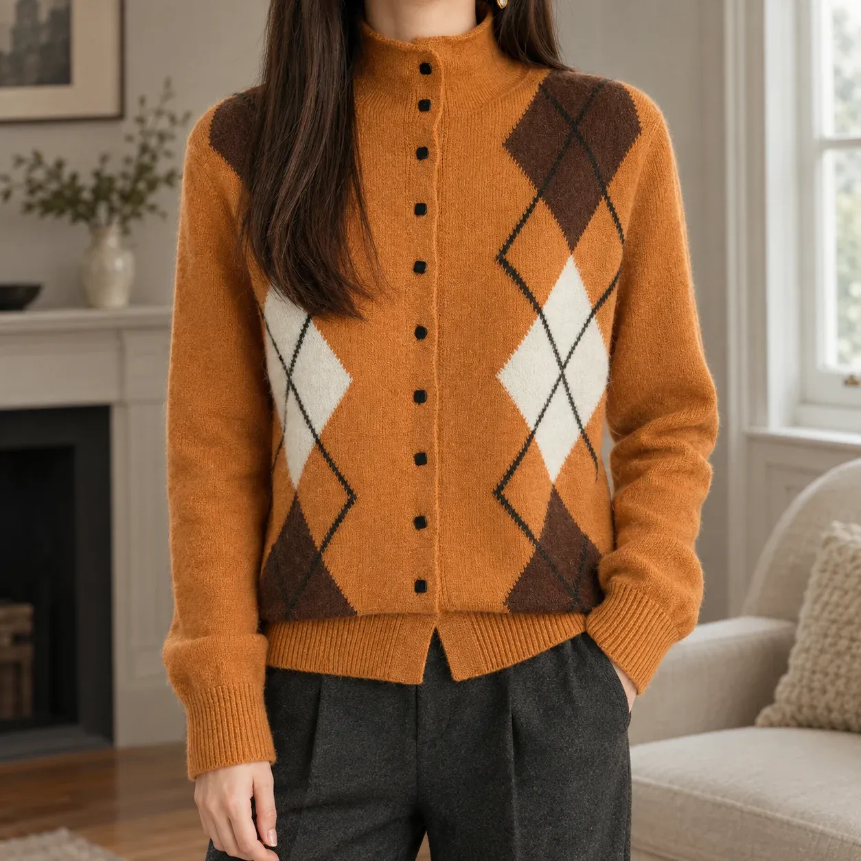 Leocadia Argyle Cardigan — Pumpkin Orange worn view