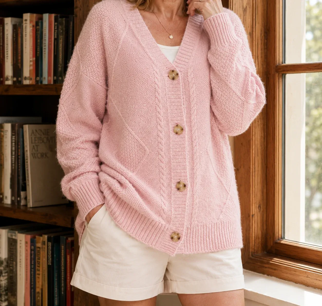 Noelle Cable Diamond Cardigan — Pink worn view