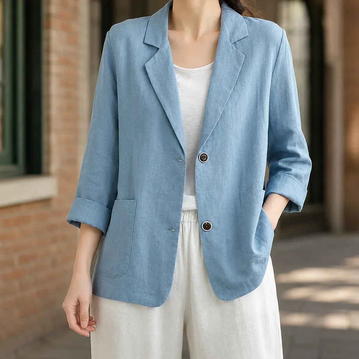 Giselle Relaxed Blazer — Blue cropped fit view