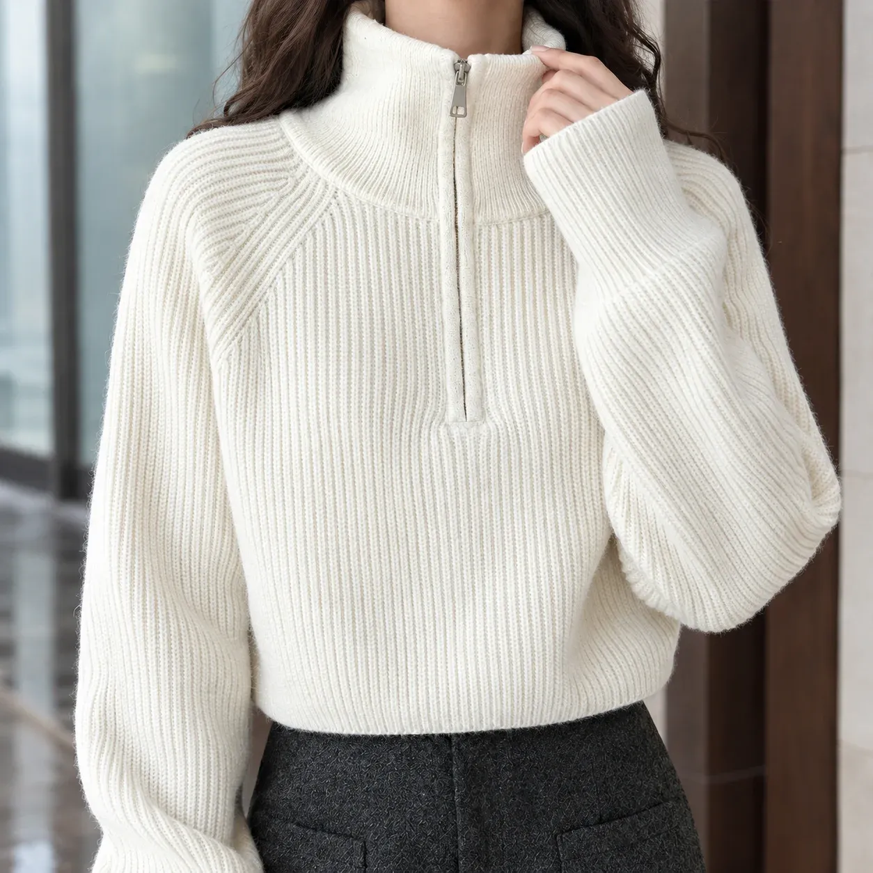 Genevieve Zip Sweater — White construction detail