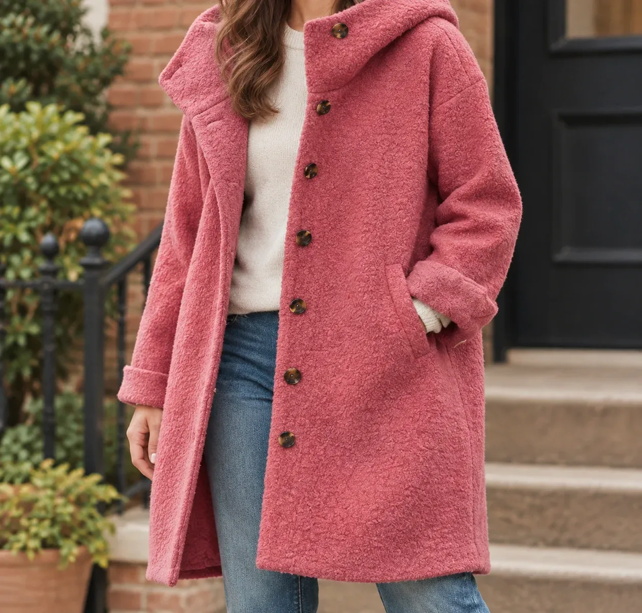 Yvette Hooded Coat — Rose Red worn view