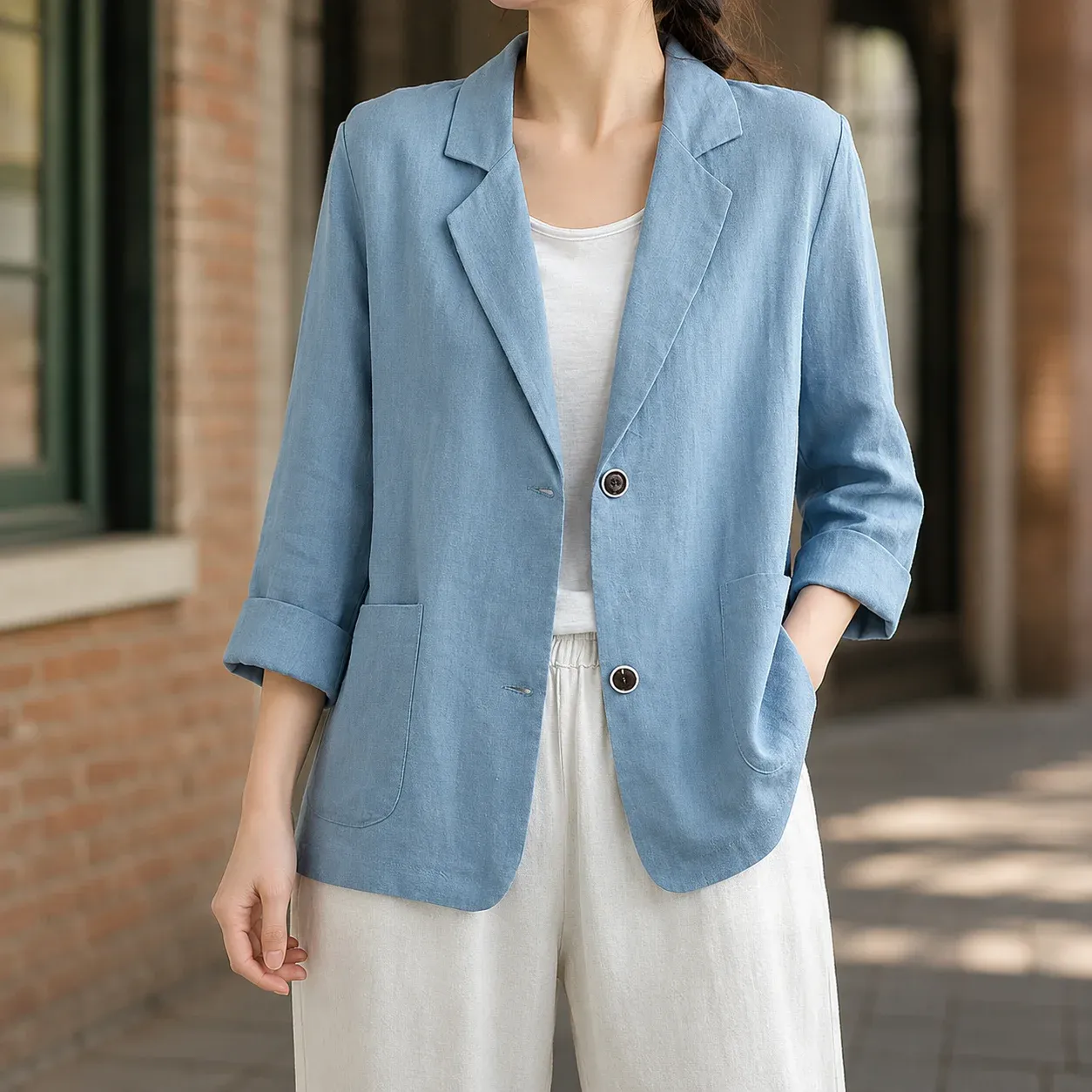 Giselle Relaxed Blazer — Blue worn view