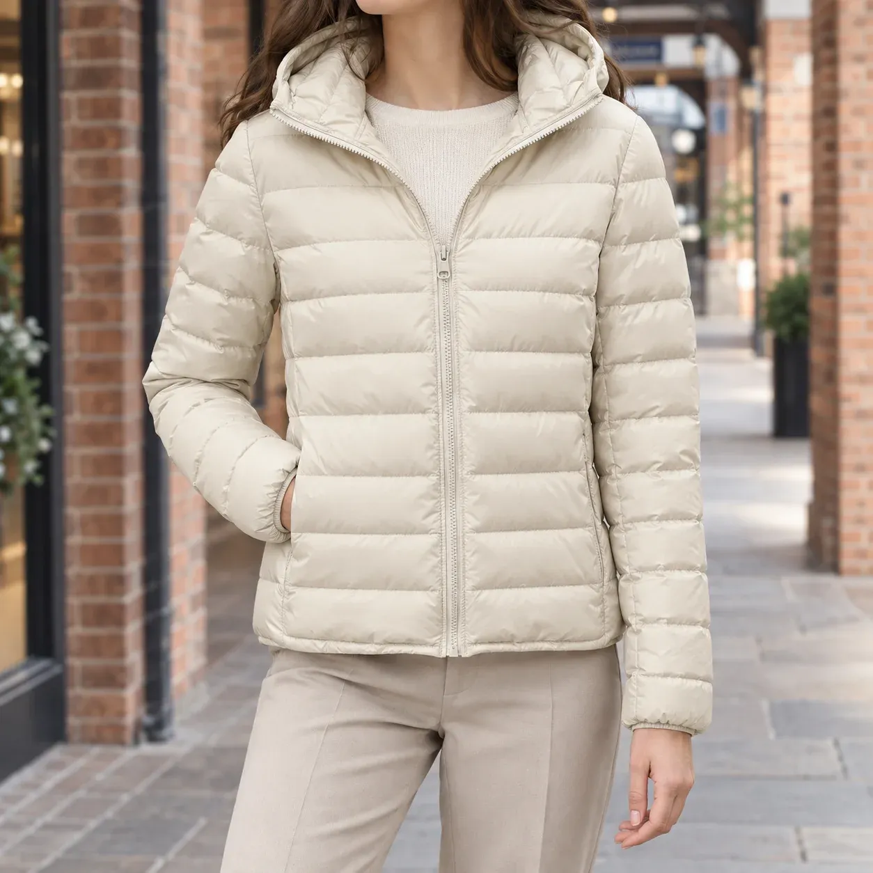 Alouette Hooded Jacket — Apricot worn view