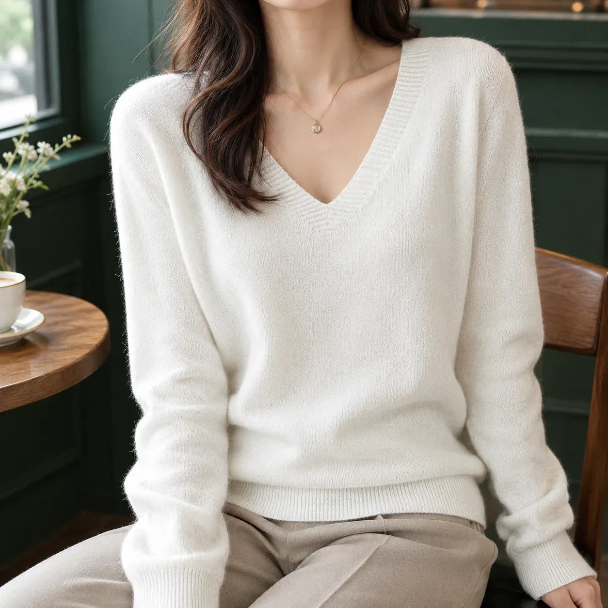 Angelique V-Neck Sweater — White worn view