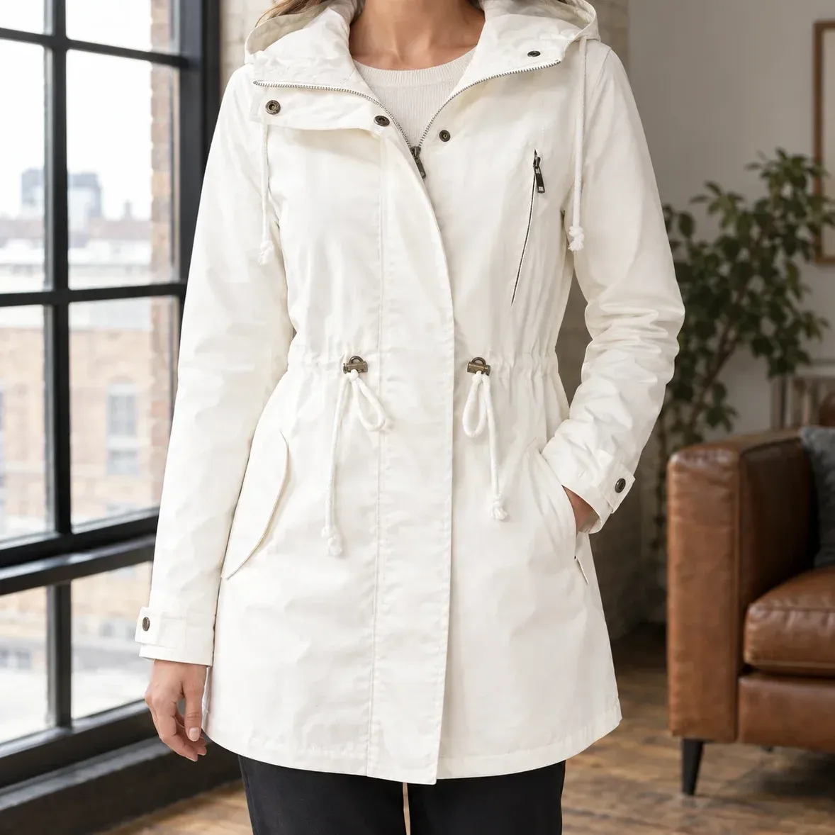 Ursuline Drawstring Parka — White cropped fit view