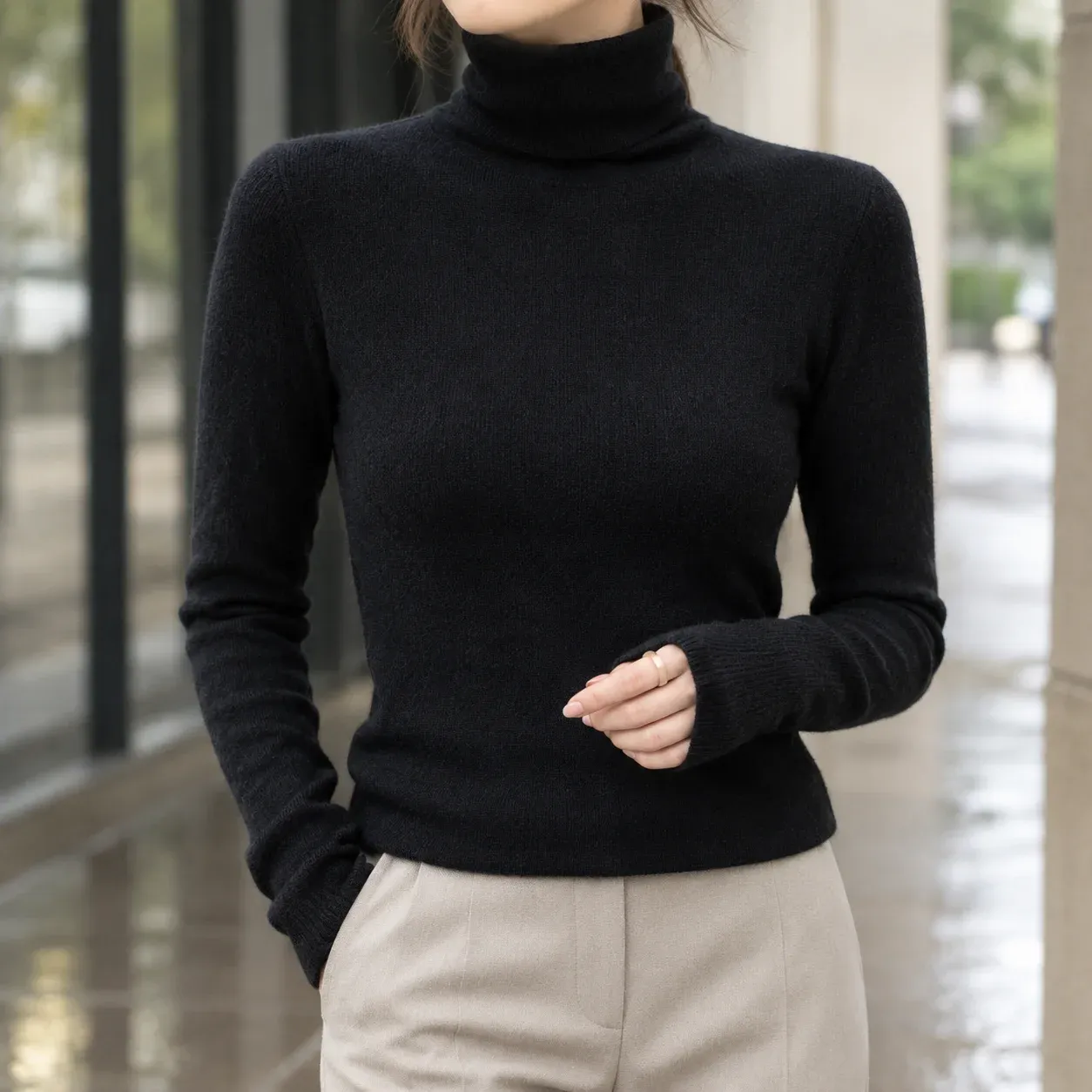Apolline Slim Turtleneck — Black worn view