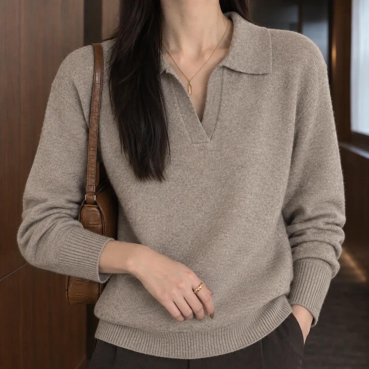Briony Polo Sweater — Beige construction detail