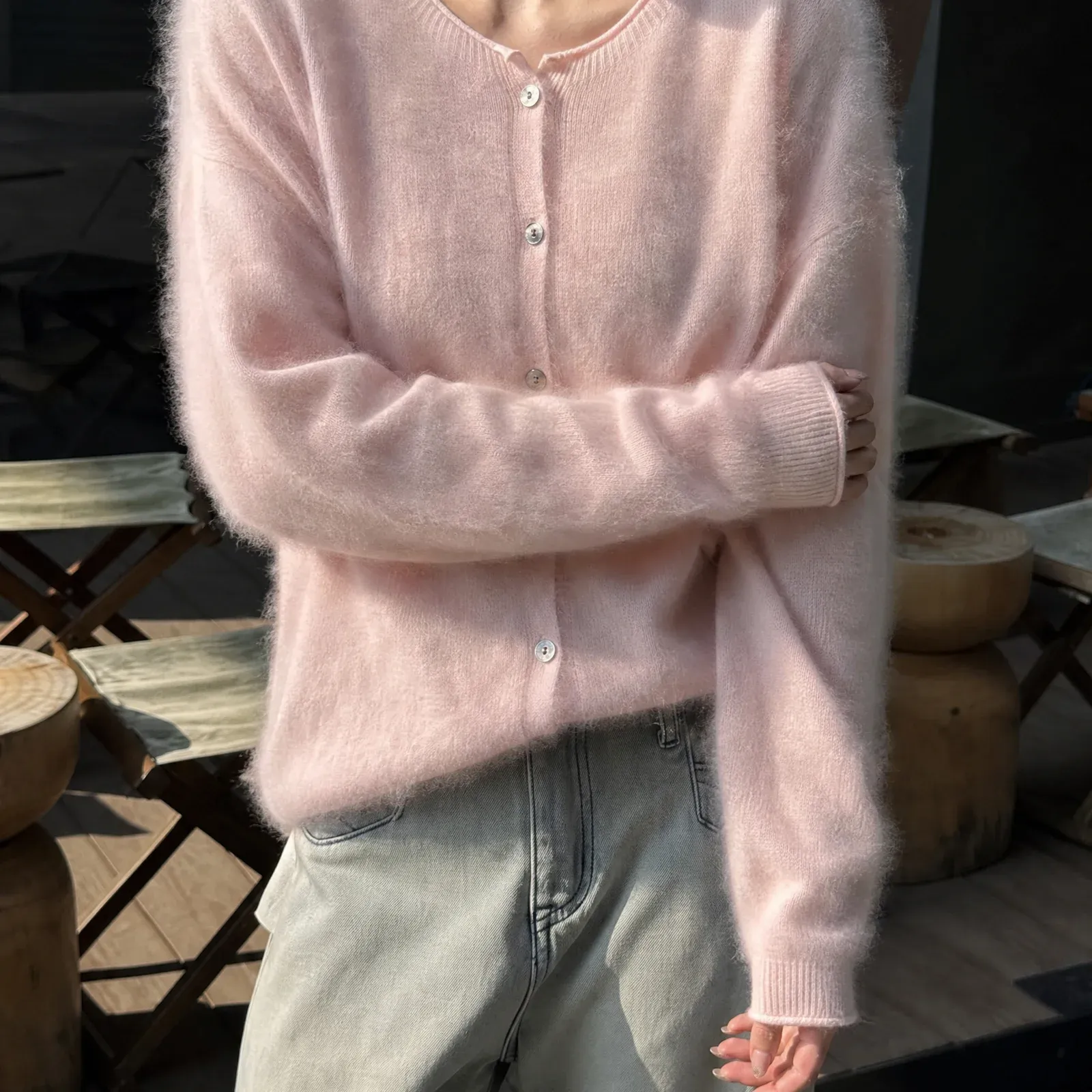 Amandine Brushed Cardigan — Pink worn view