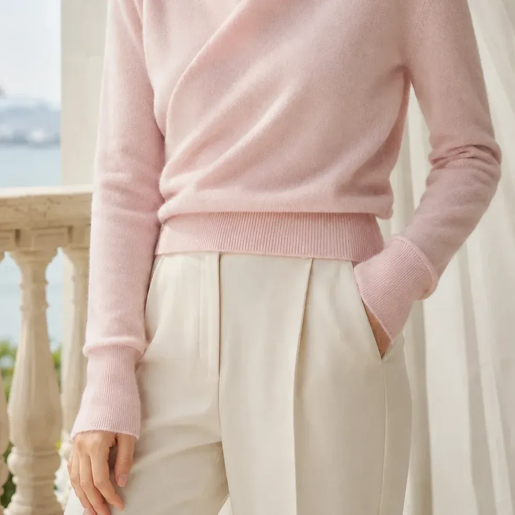 Anais Wrap-Neck Sweater — Pink lower garment detail