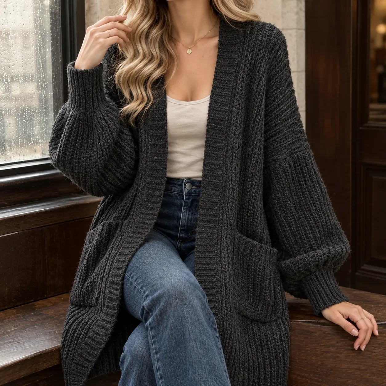Constance Chunky Cardigan — Black worn view
