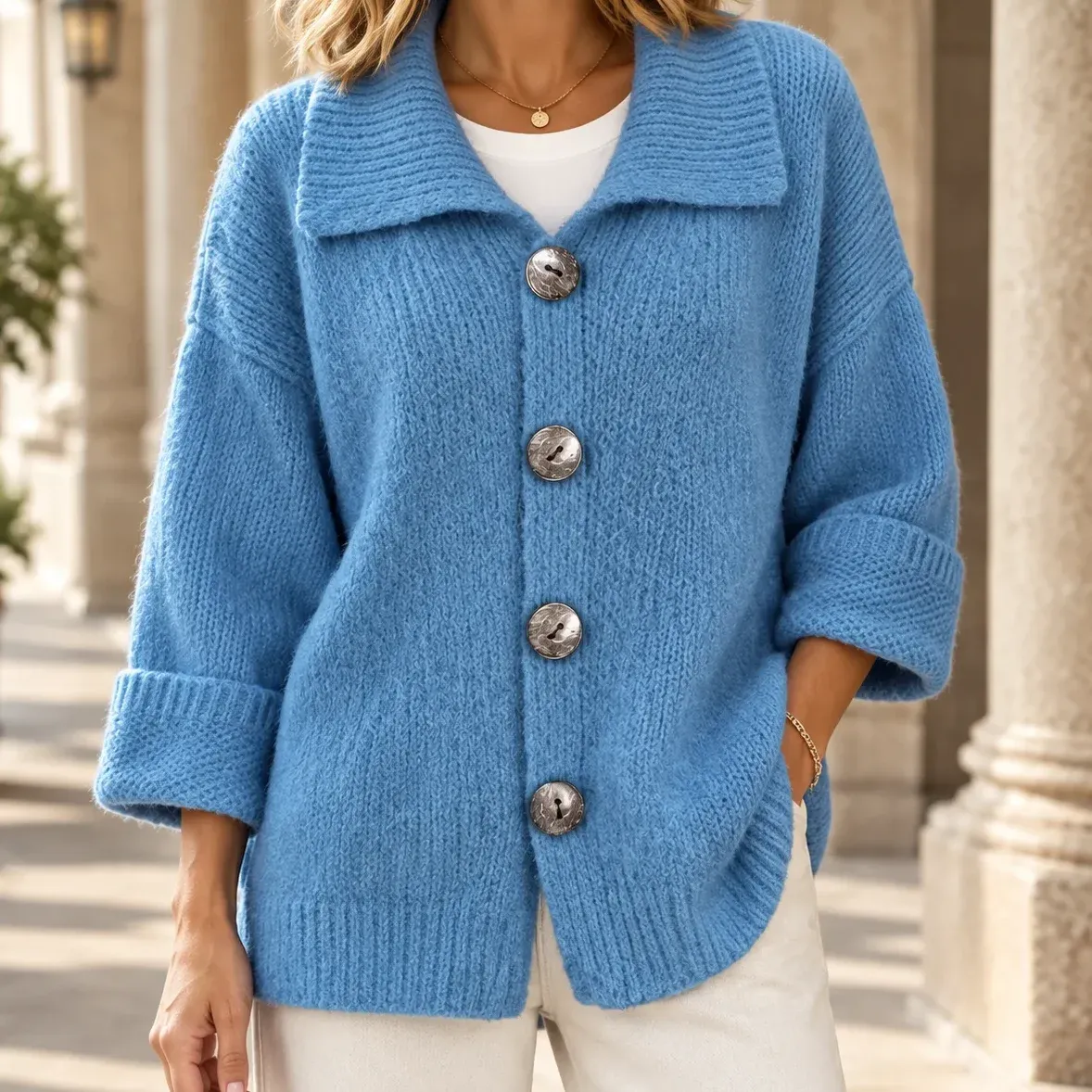 Xaviera Collar Cardigan — Blue cropped fit view