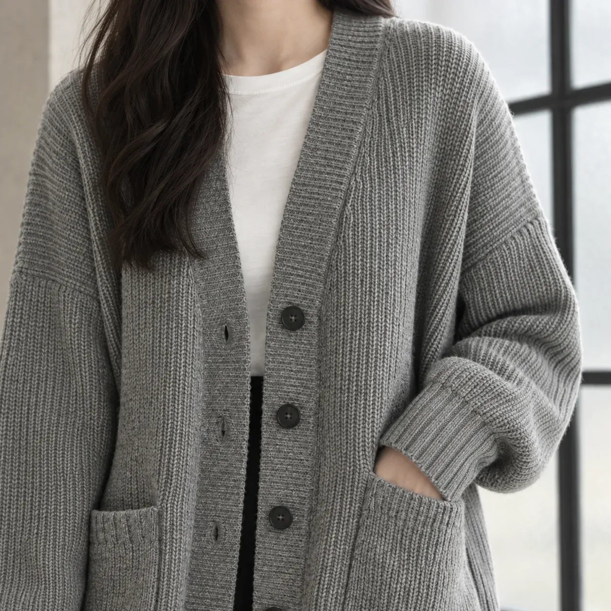 Lauren Rib Cardigan — Gray construction detail