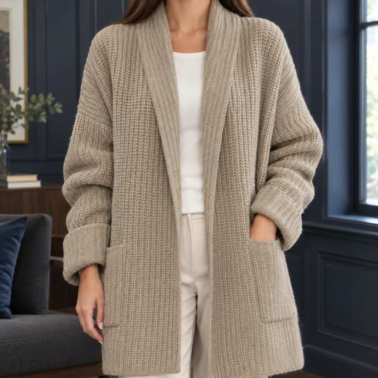 Blair Open Cardigan — Khaki worn view