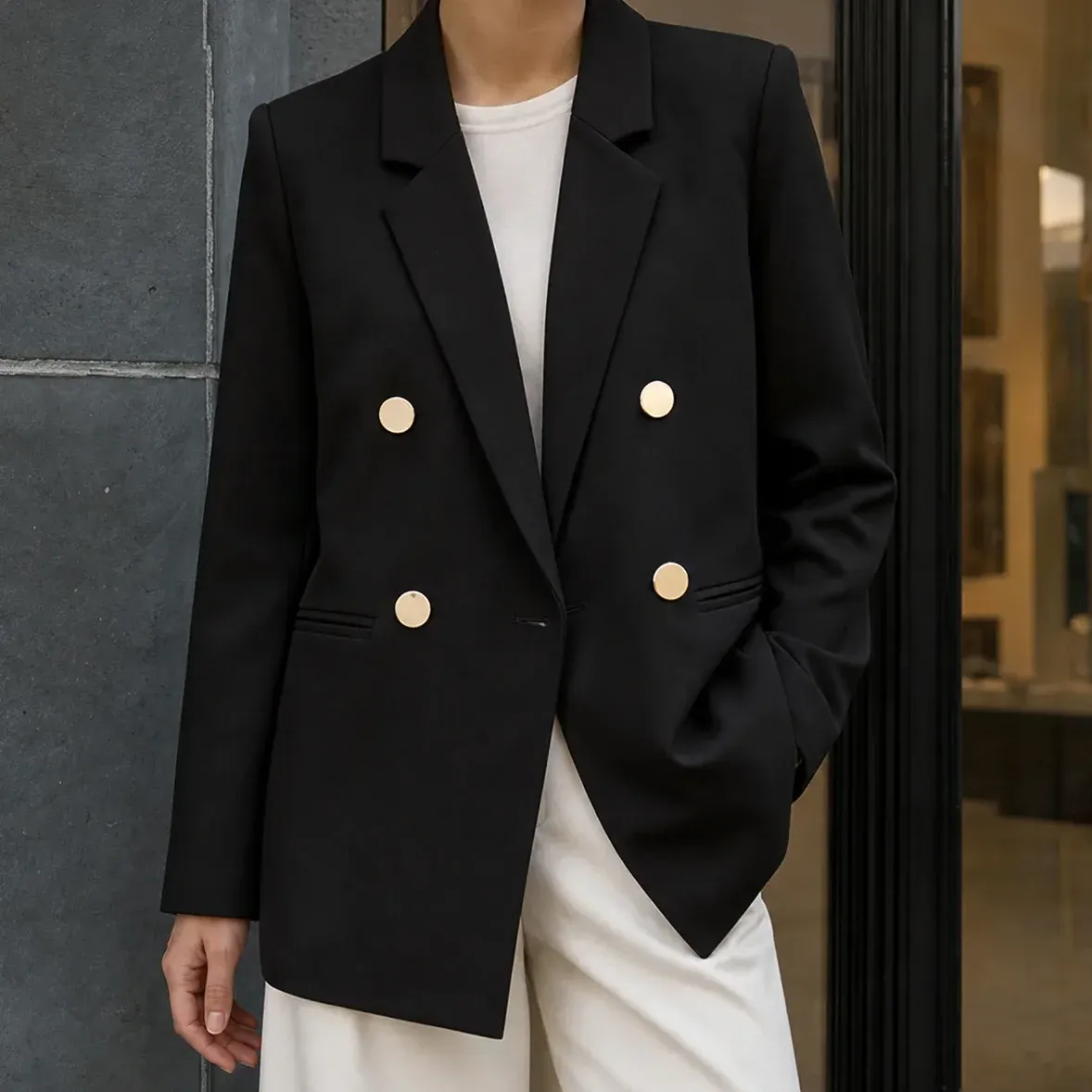 Gabrielle Double Blazer — Black cropped fit view
