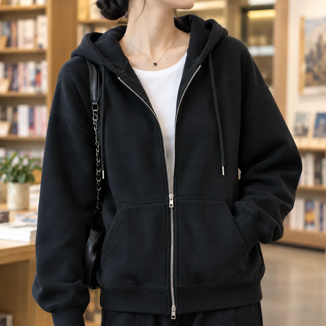 Bettina Zip Hoodie — Black worn view