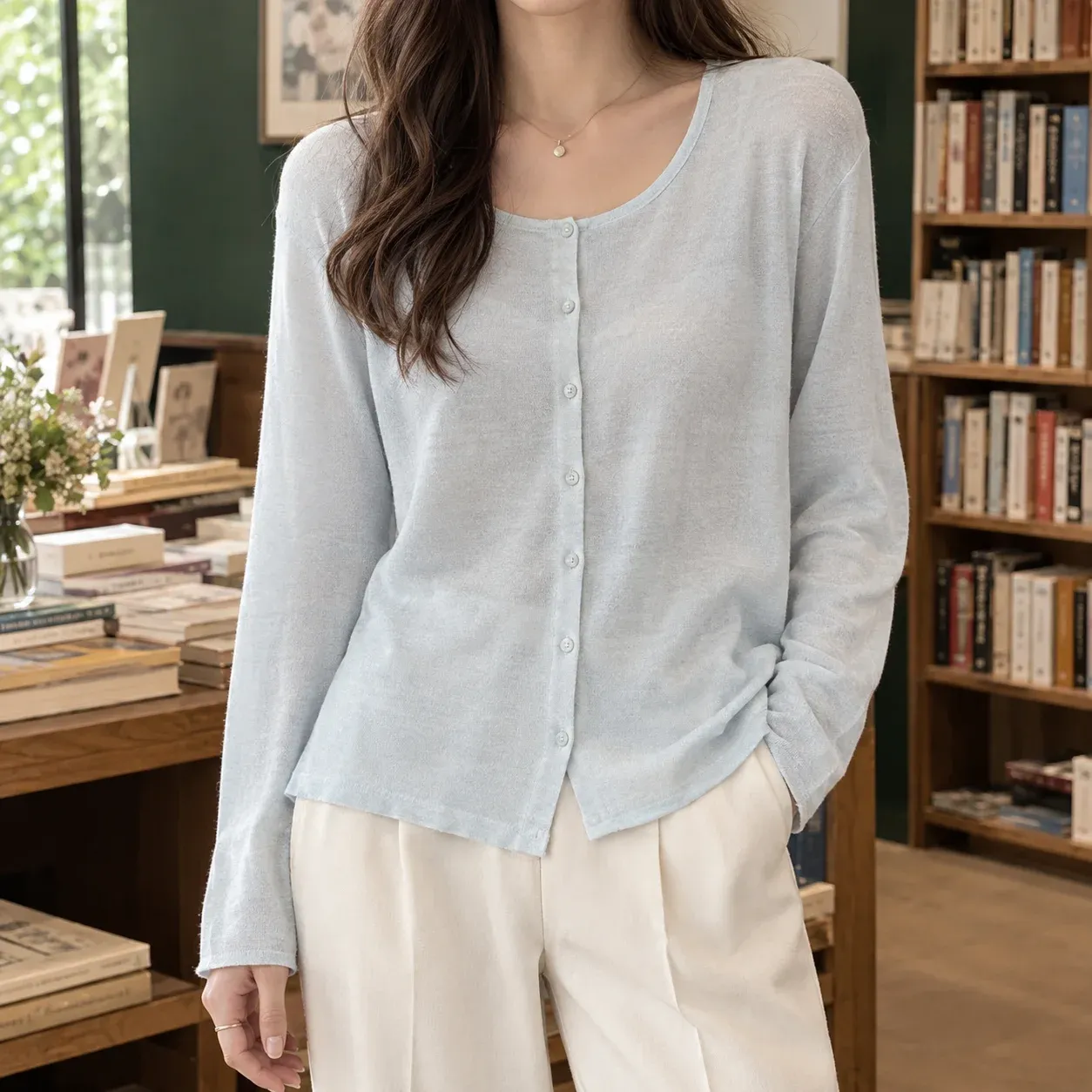 Guinevere Fine Cardigan — Light Blue worn view