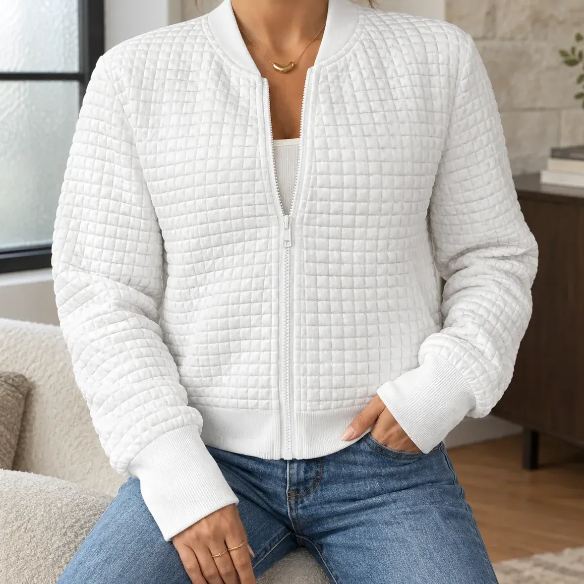 Isabelle Grid Jacket — White cropped fit view