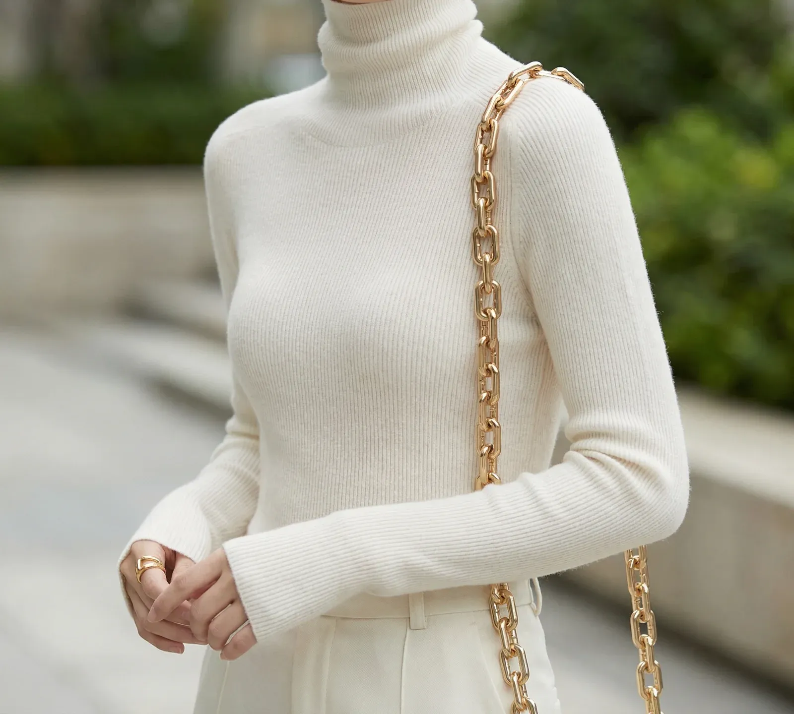 Aria Rib Turtleneck — White worn view