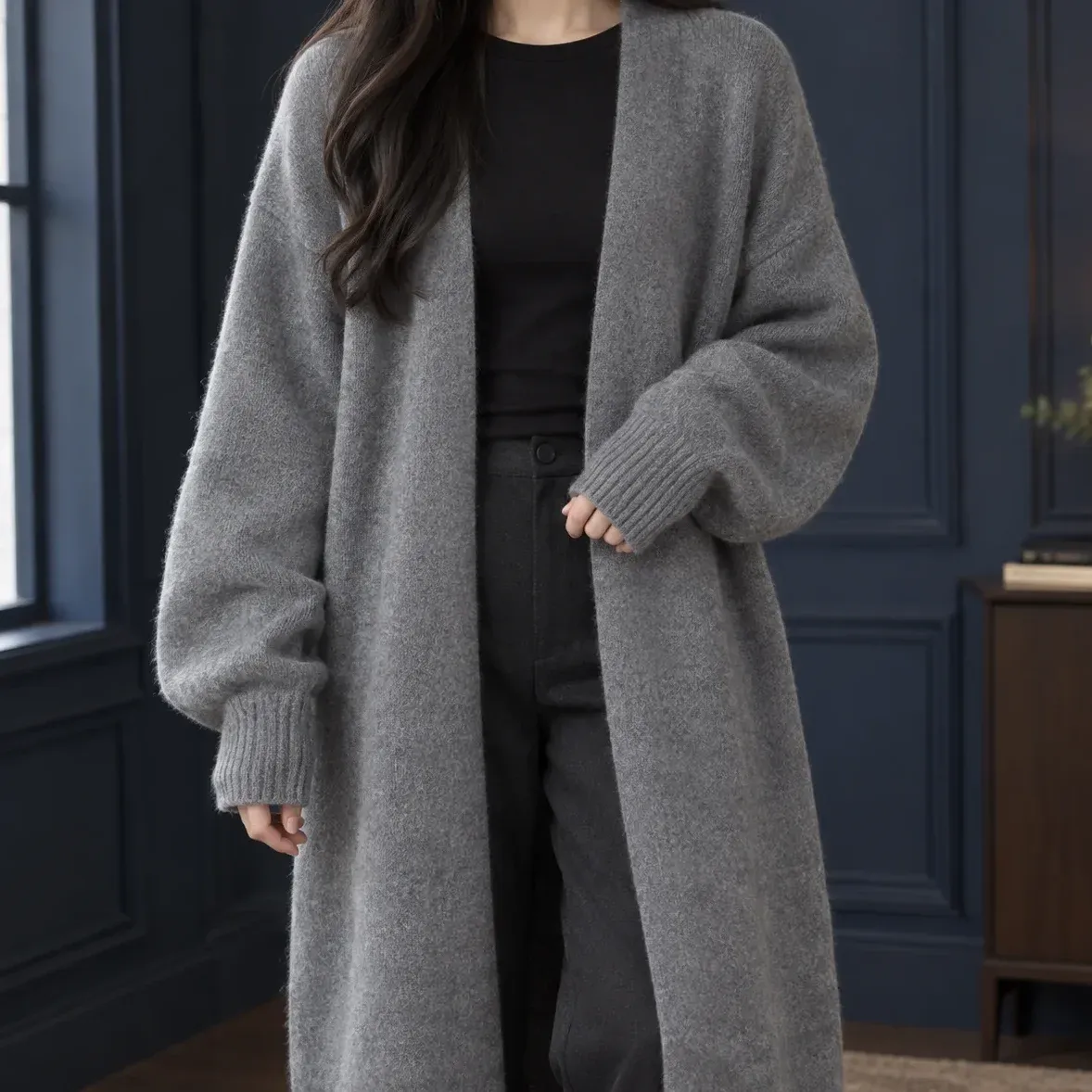 Aria Long Cardigan — Dark Gray cropped fit view