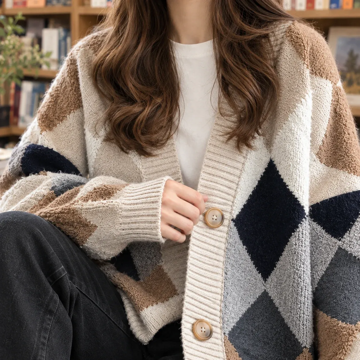 Clarisse Diamond Cardigan — Khaki construction detail
