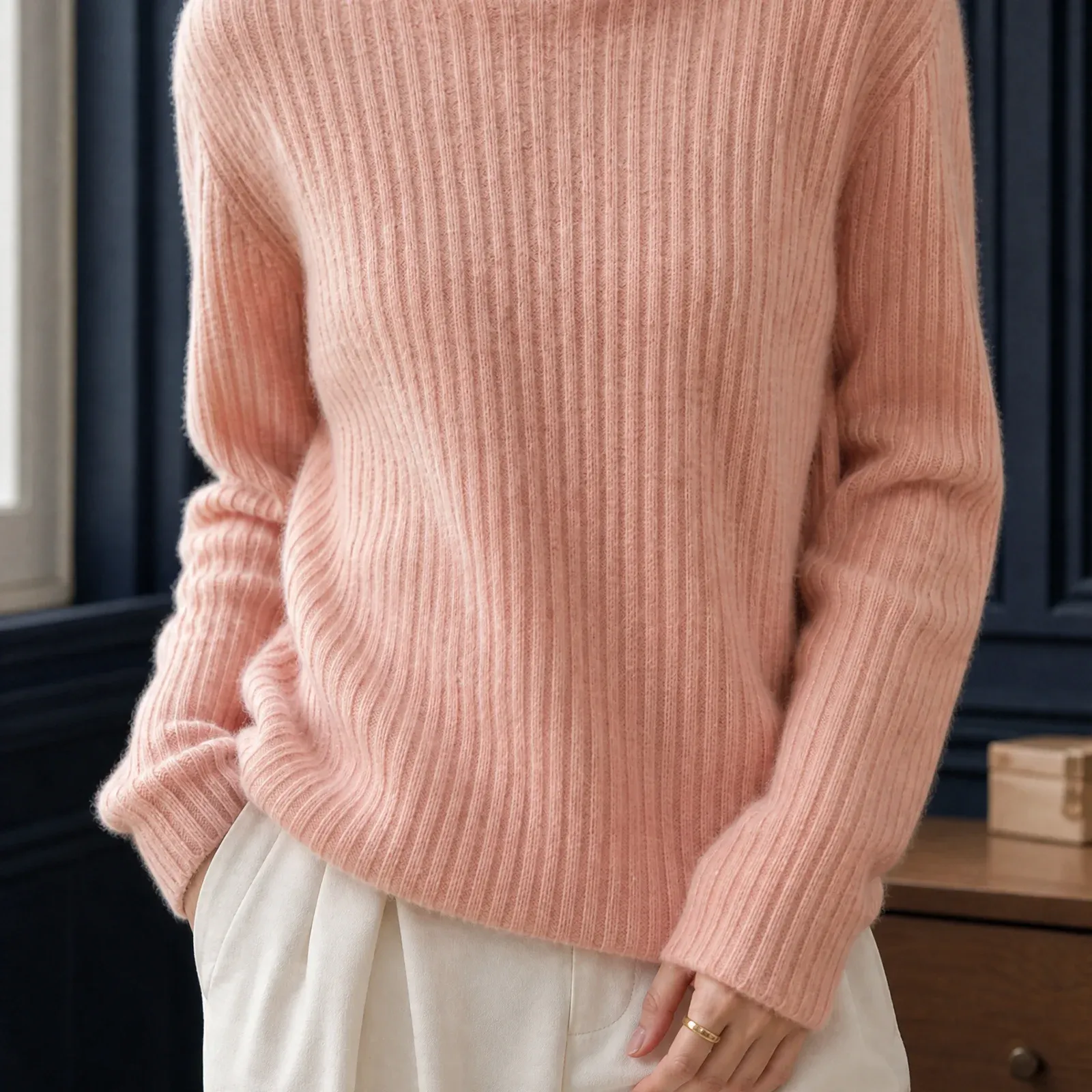 Annabel Ribbed Turtleneck — Pink worn view