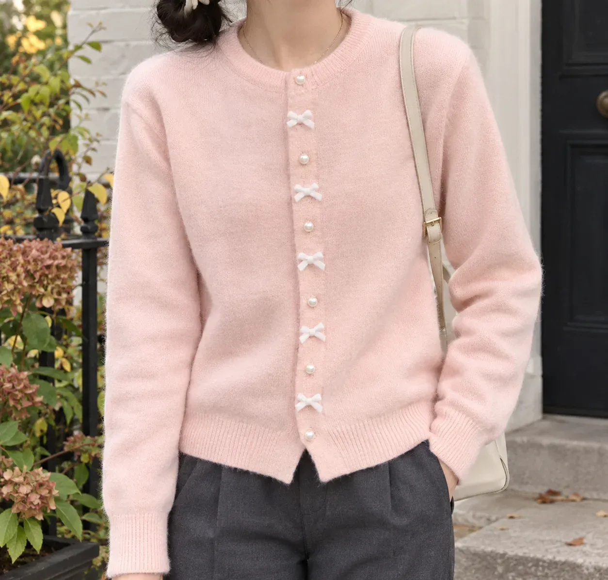 Eleanora Bow Cardigan — Pink worn view