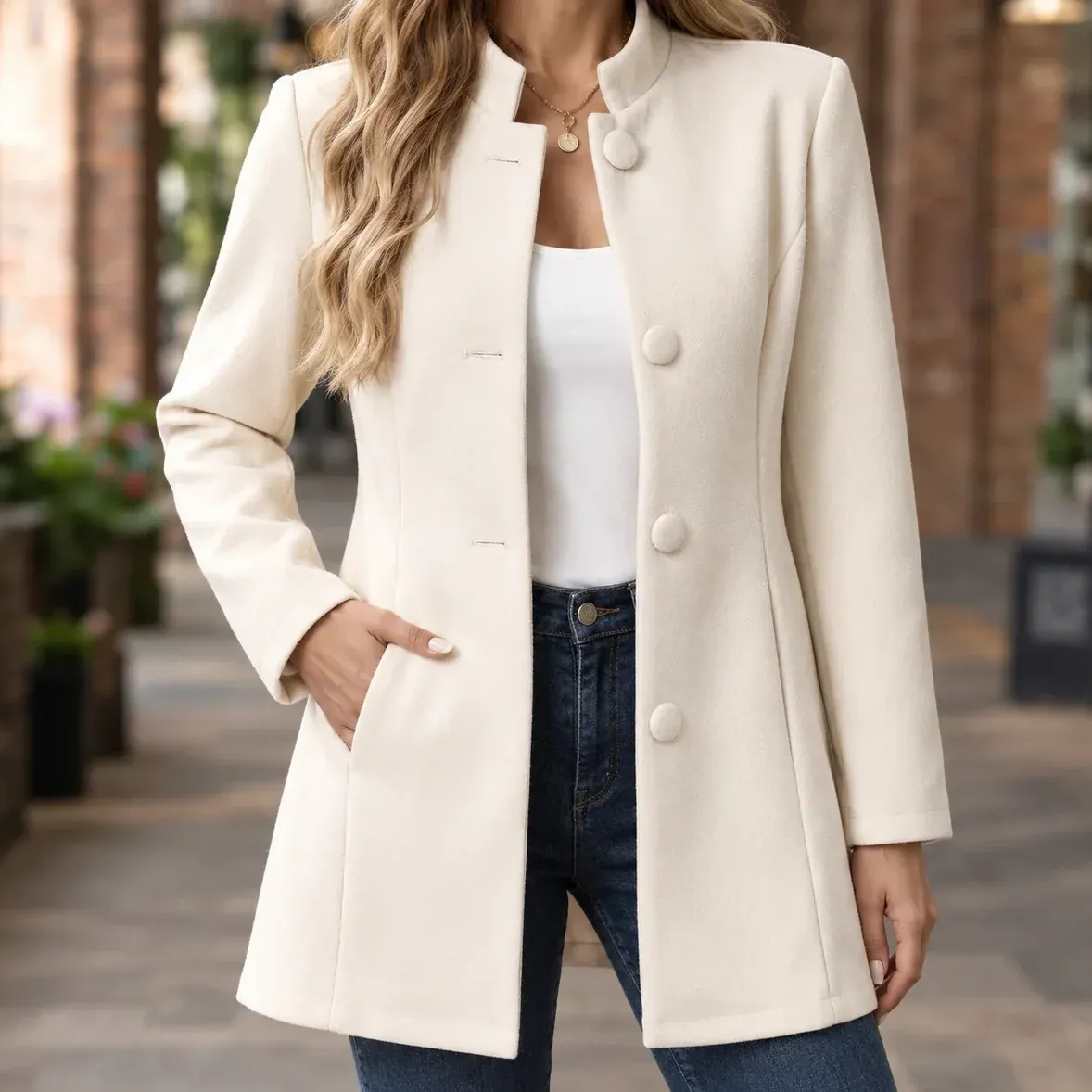 Simone Button Blazer — White cropped fit view