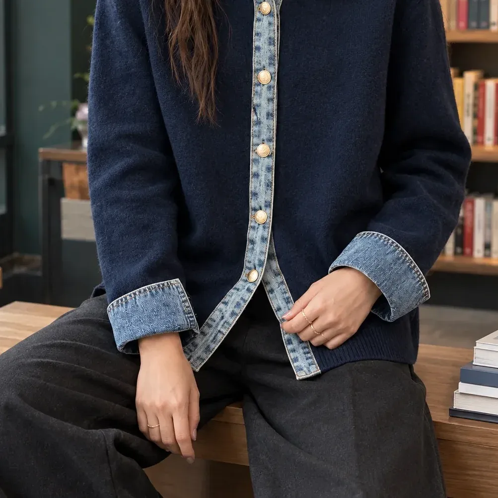 Azalea Trim Cardigan — Navy Blue lower garment detail