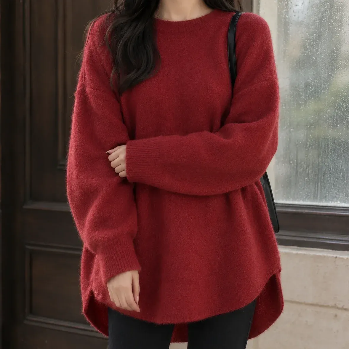 Stephanie Long Sweater — Red cropped fit view