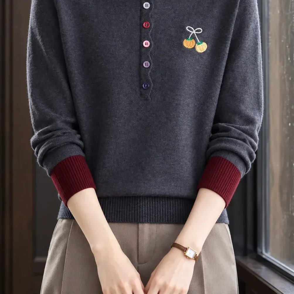 Ashley Button-Neck Sweater — Gray lower garment detail