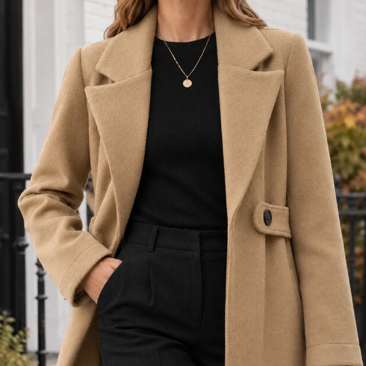 Brigitta Longline Coat — Camel construction detail