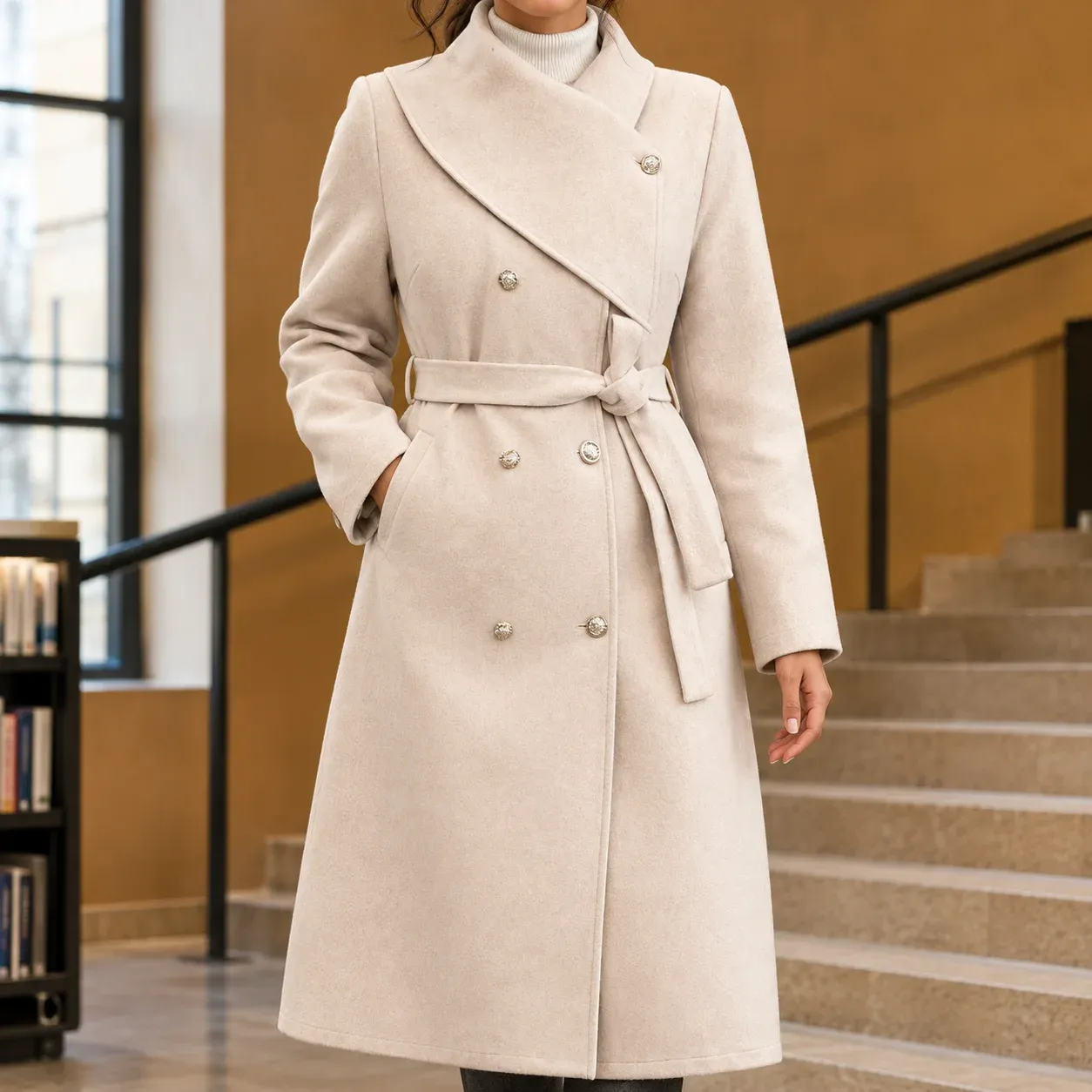 Ascelin Asymmetric Coat — Light Beige worn view