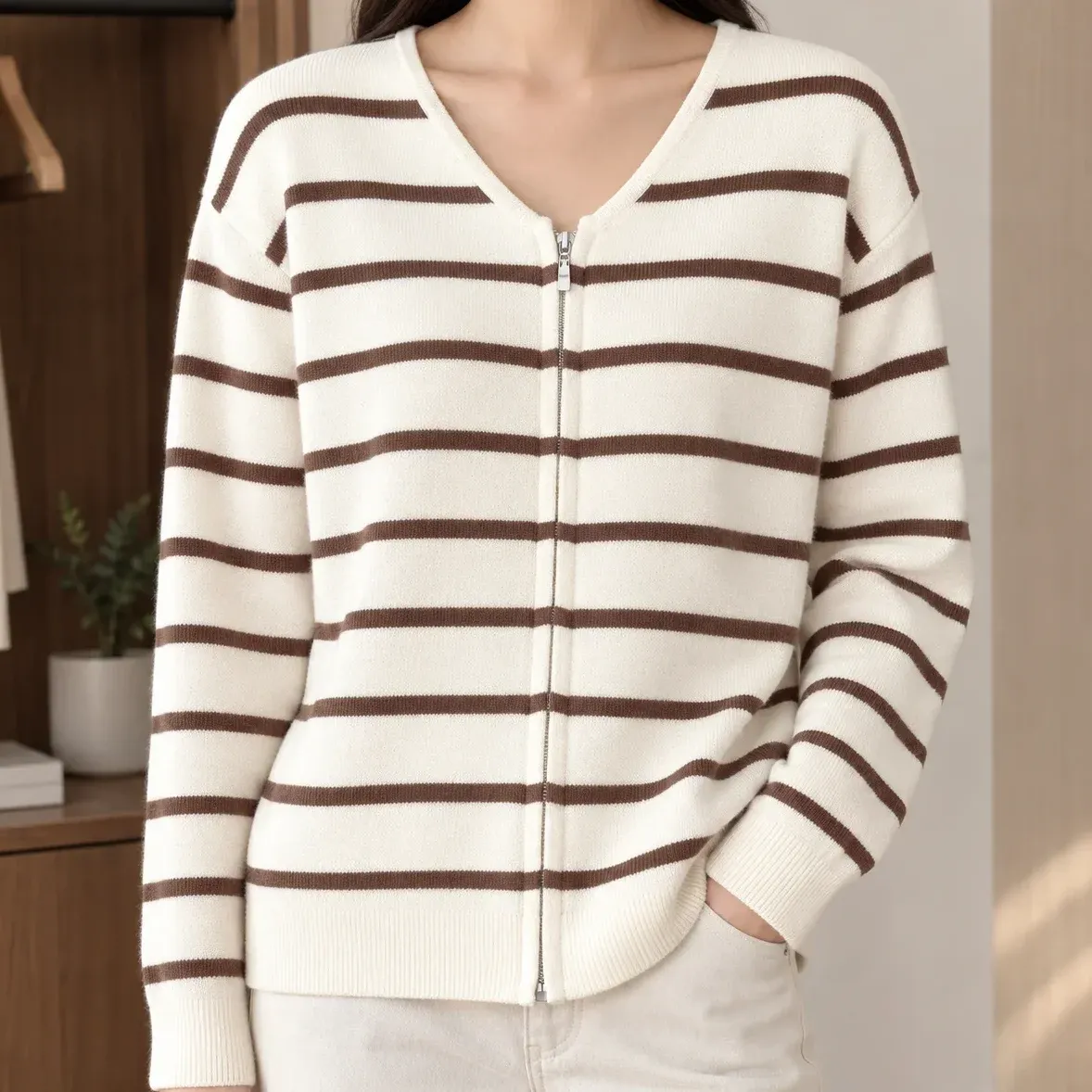 Tessa Stripe Cardigan — Cream Brown cropped fit view