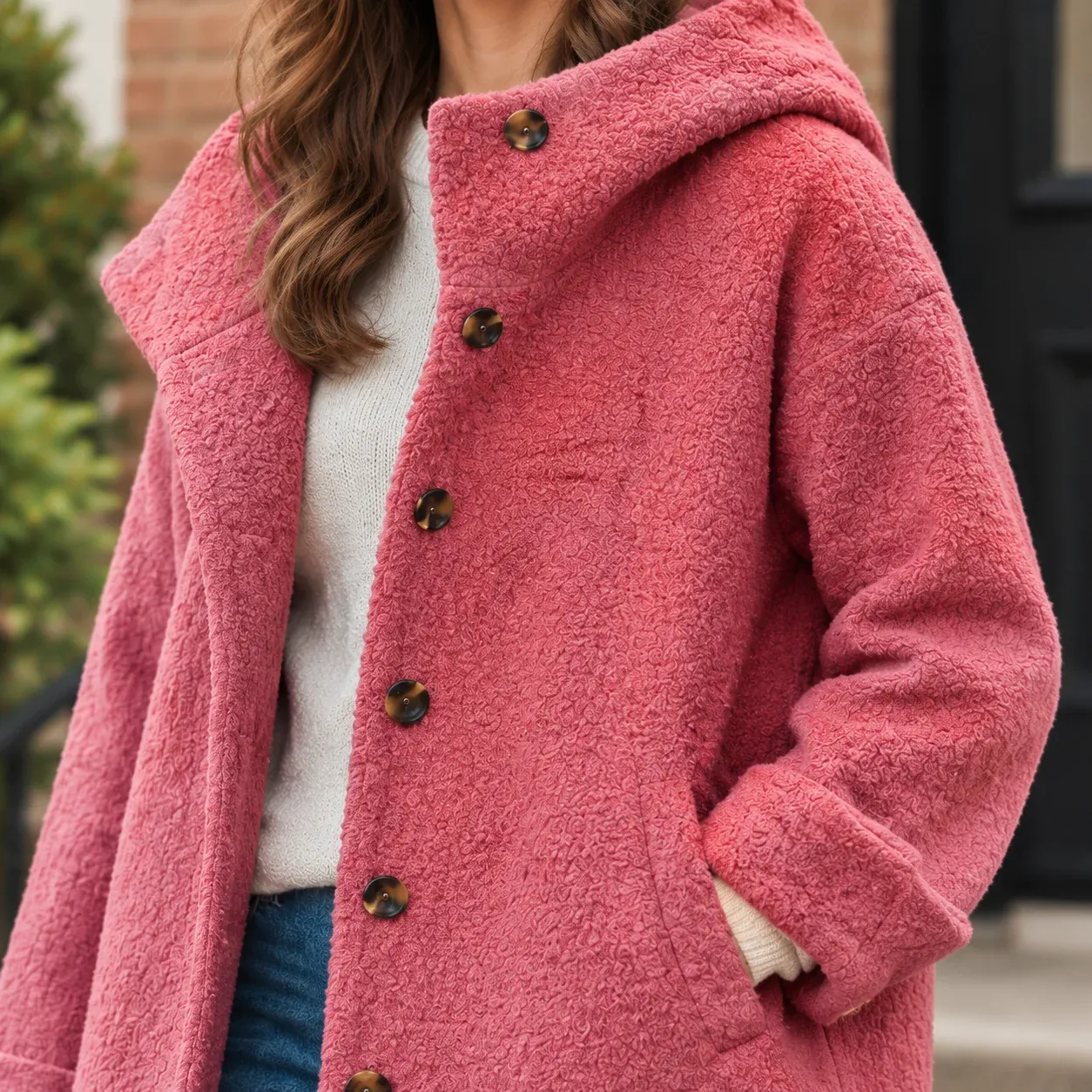 Yvette Hooded Coat — Rose Red construction detail