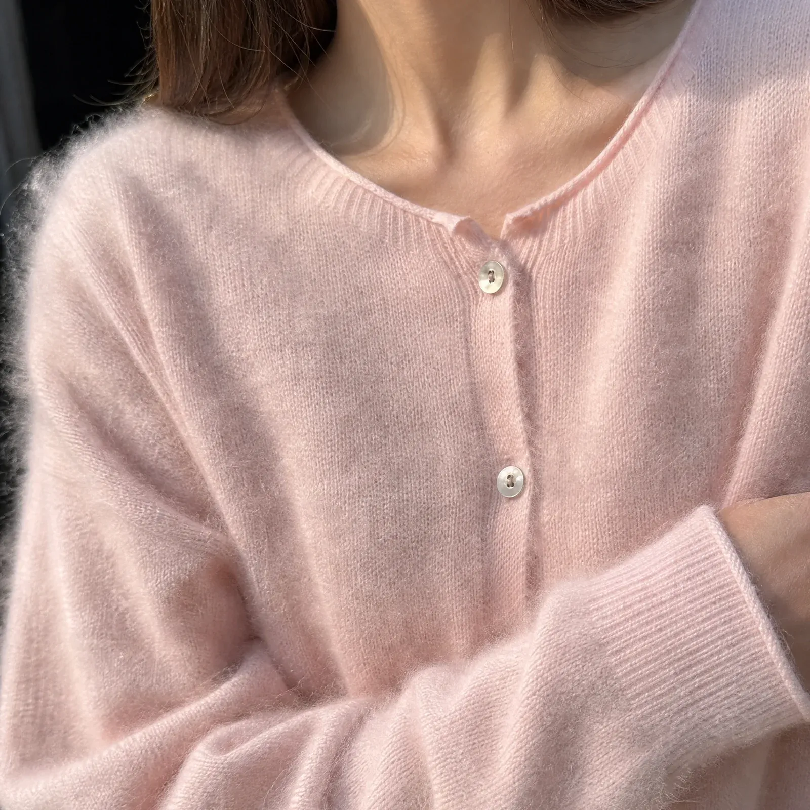 Amandine Brushed Cardigan — Pink construction detail