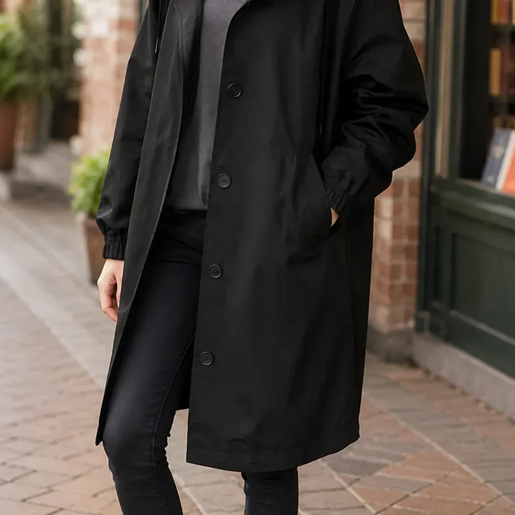 Zelda Hooded Overcoat — Black lower garment detail